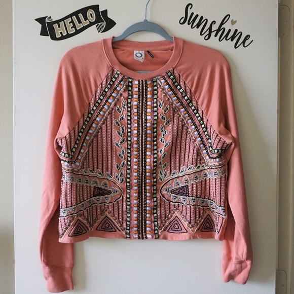 Anthropologie Tops - Antro Coral  Beaded Embroidered Boho Sweatshirt S